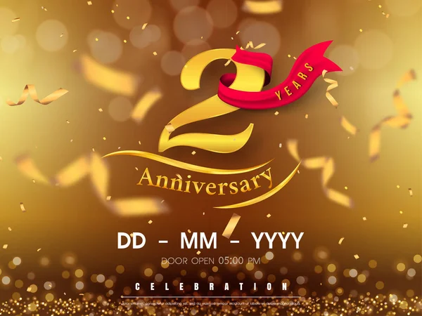 2 Jahre Jubiläum Logo-Vorlage auf goldenem Hintergrund. 2. Zelebrant — Stockvektor
