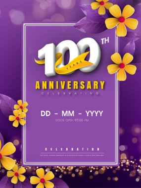 Altın çiçek ve mor 100 yıl dönümü logo şablonu 