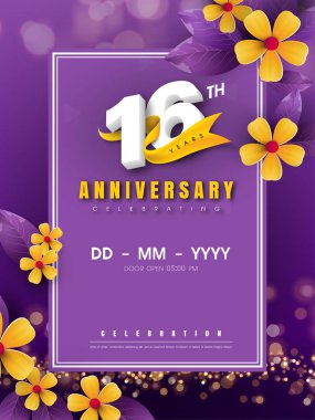 Altın çiçek ve mor b 16 yıl yıldönümü logo şablonu