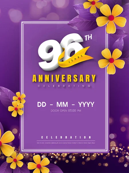 96 years anniversary logo template on golden flower and purple b — Stock Vector