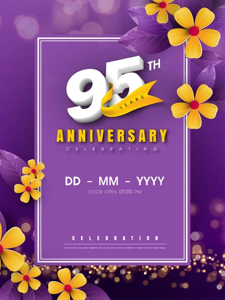 95 years anniversary logo template on golden flower and purple b — Stock Vector