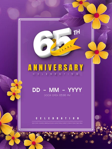 65 ans modèle de logo anniversaire sur fleur dorée et violet b — Image vectorielle