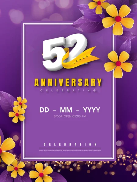 Modèle de logo 52 ans anniversaire sur fleur dorée et violet b — Image vectorielle