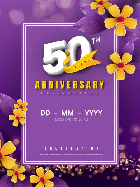 黄金の花と紫のbに50周年記念ロゴテンプレート — ストックベクタ