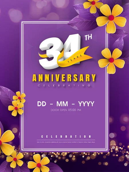 34 ans modèle de logo anniversaire sur fleur dorée et violet b — Image vectorielle