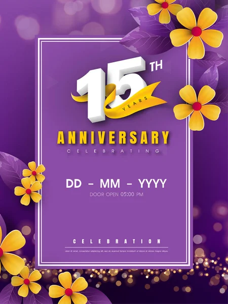 Modèle de logo anniversaire 15 ans sur fleur dorée et violet b — Image vectorielle