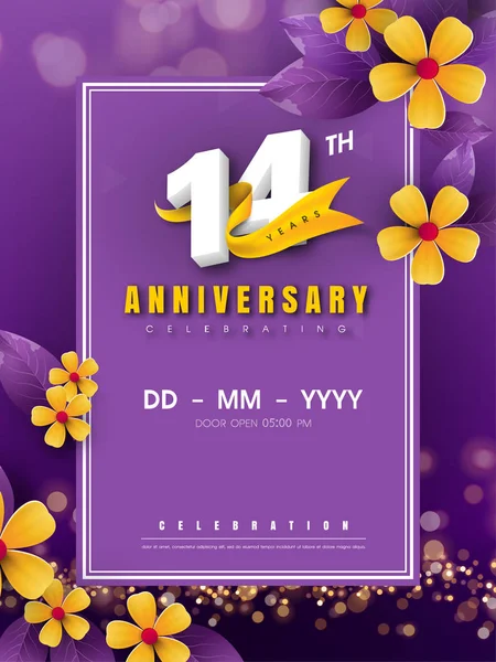 Modèle de logo anniversaire 14 ans sur fleur dorée et violet b — Image vectorielle