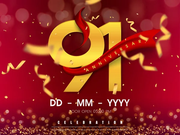 91 jaar verjaardag logo sjabloon op gouden achtergrond. 91e cele — Stockvector