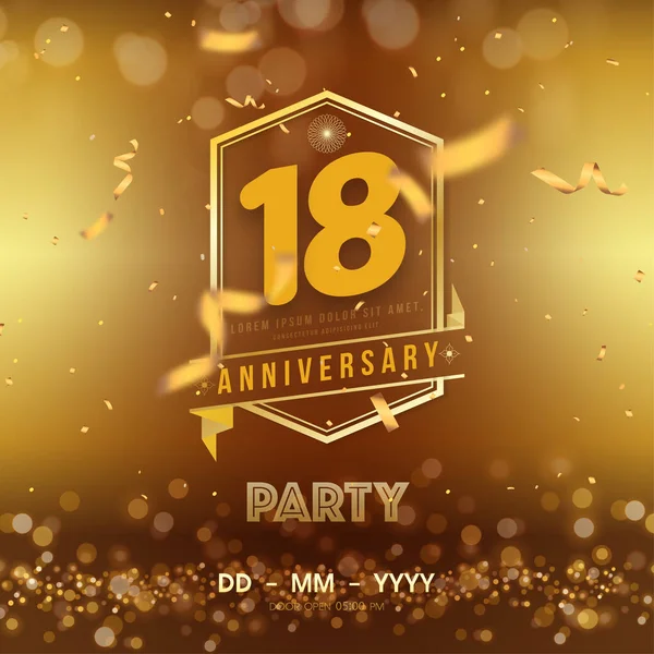 18 years anniversary logo template on gold background. 18th cele — Stock Vector