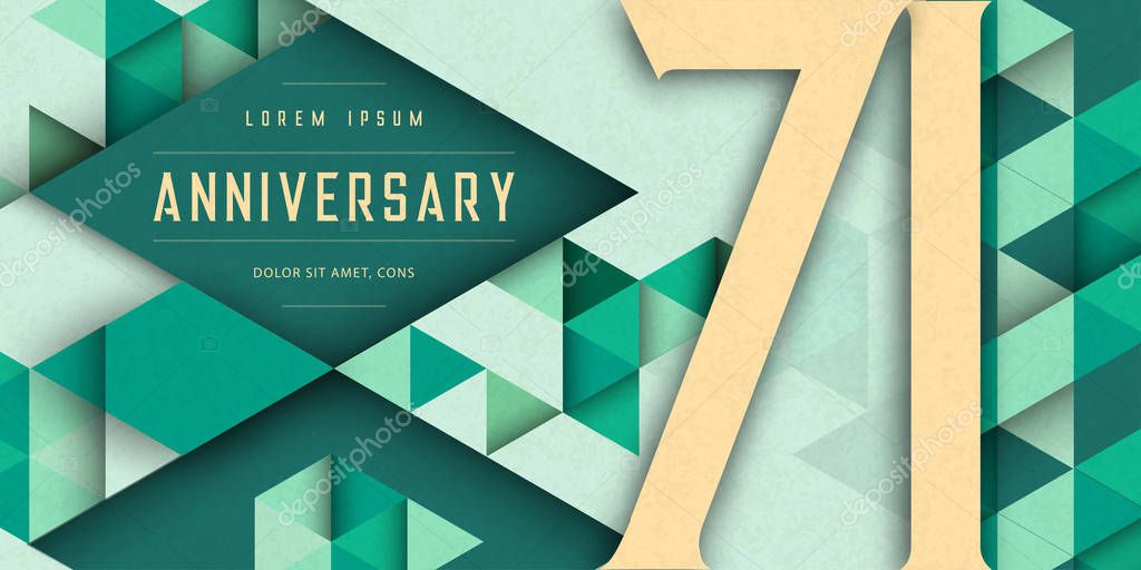 Anniversary emblems celebration logo, 71st birthday vector illustration, with texture background, modern geometric style and colorful polygonal design. 71 Anniversary template design, geometric design