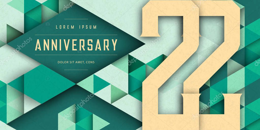 Anniversary emblems celebration logo, 22nd birthday vector illustration, with texture background, modern geometric style and colorful polygonal design. 22 Anniversary template design, geometric design