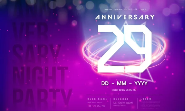 29 years anniversary logo template on purple Abstract futuristic space background. 29th modern technology design celebrating numbers with Hi-tech network digital technology concept design elements.