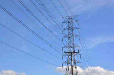Mavi gökyüzüne karşı elektrik iletim pilonu