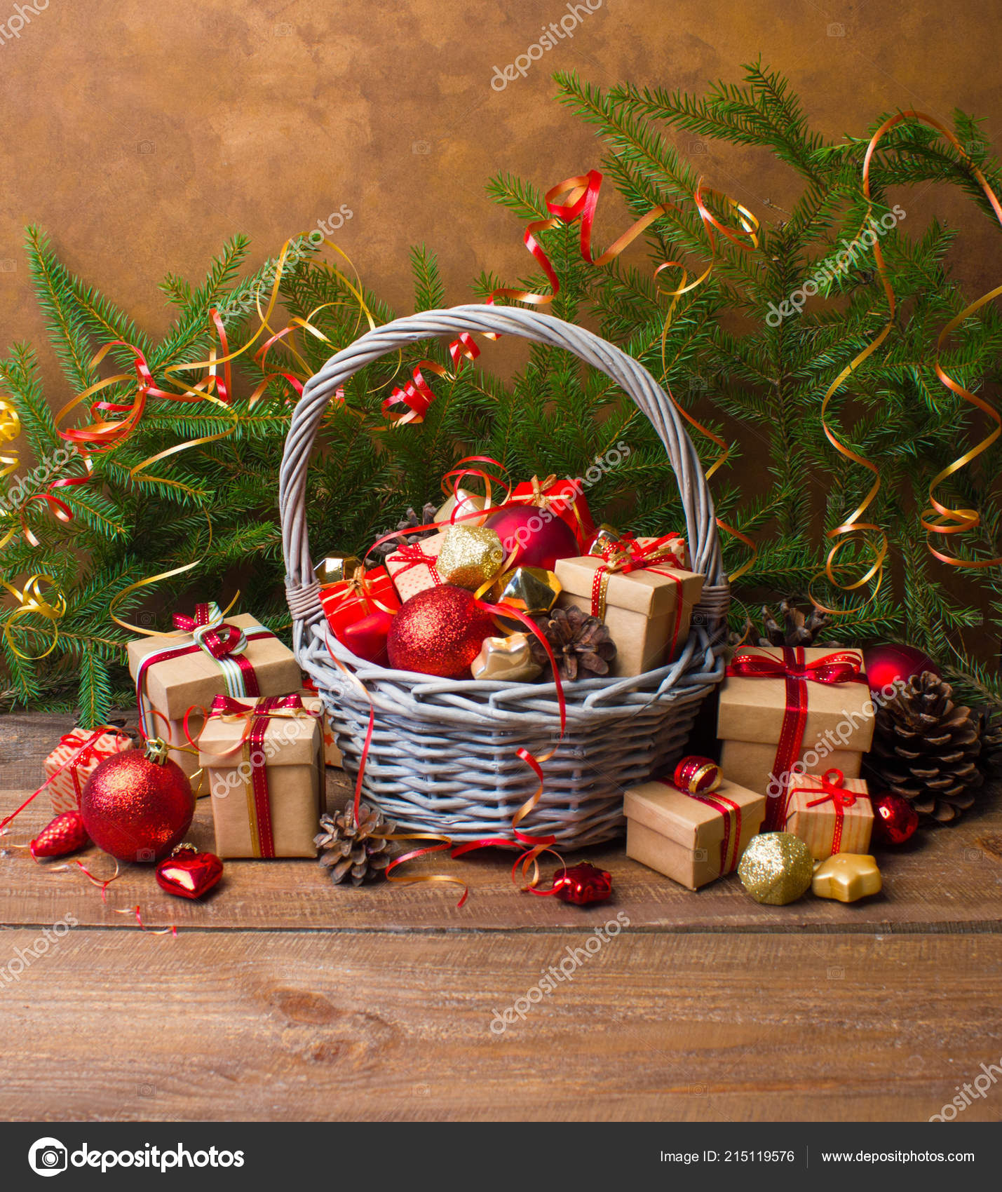 Christmas New Year Background Basket Colored Glass Toys