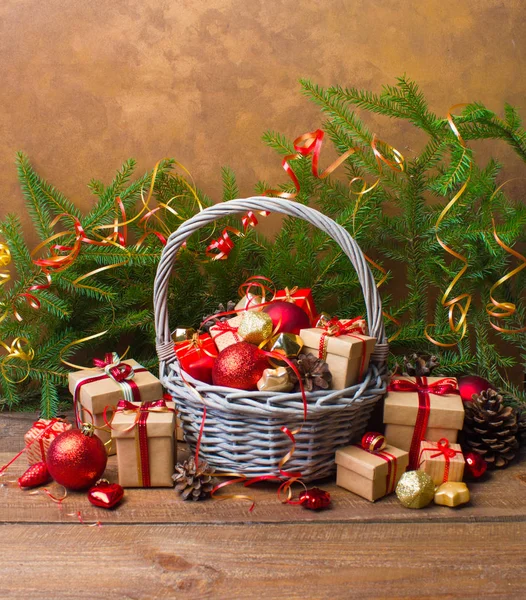 Christmas New Year Background Basket Colored Glass Toys Decorations Gifts — Stock Photo, Image