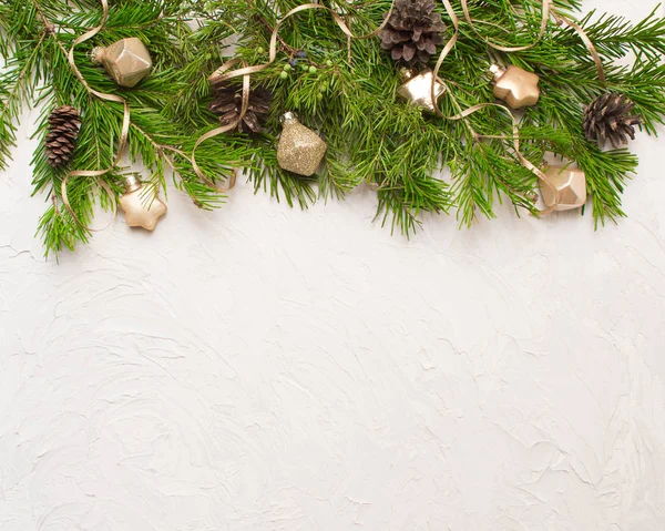 Fondo Navidad Año Nuevo Ramas Abeto Juguetes Decoraciones Copiar Espacio —  Fotos de Stock