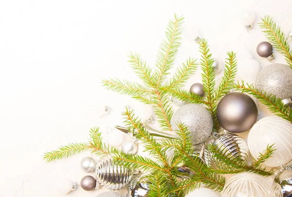 Boże Narodzenie Czy Nowy Rok Tło Gałęzie Drzewa Jodły Bombki — Zdjęcie stockowe