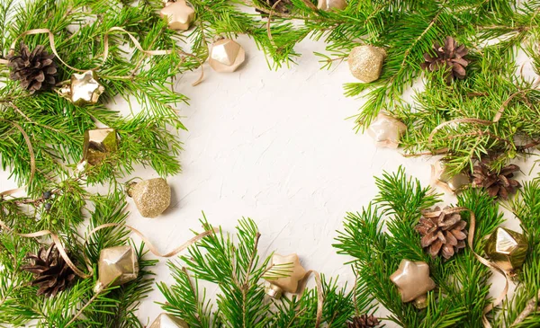 Fondo Navidad Año Nuevo Ramas Abeto Juguetes Decoraciones Copiar Espacio —  Fotos de Stock