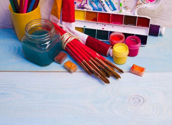 Paints Brushes Wood Background Workplace Artist Banner School — Stock Photo, Image