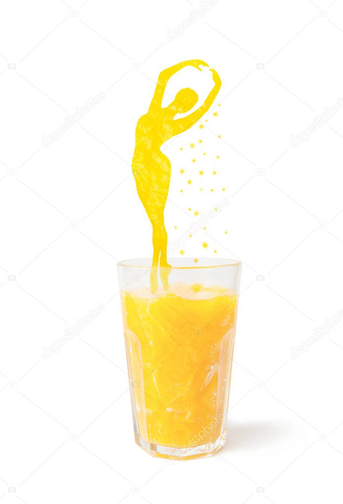 Beautiful woman symbolizes health and strength, obtained from freshly squeezed orange juice.
