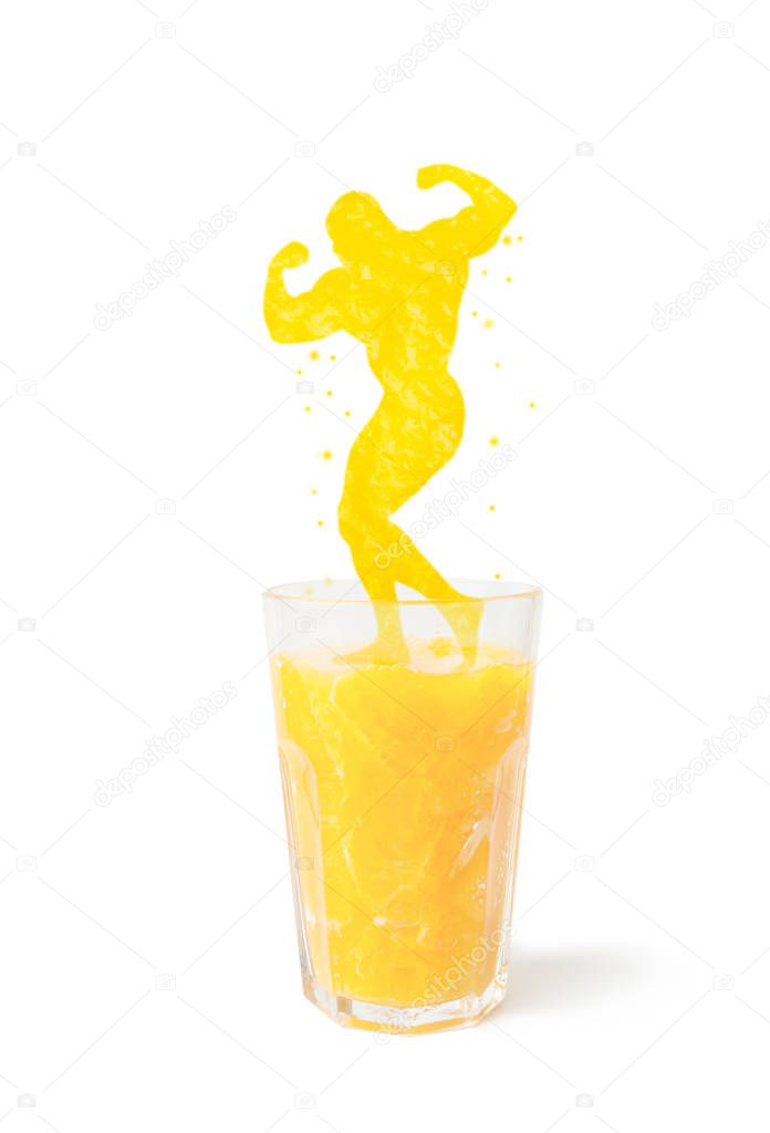 Strong man symbolizes health and strength derived from freshly squeezed orange juice.