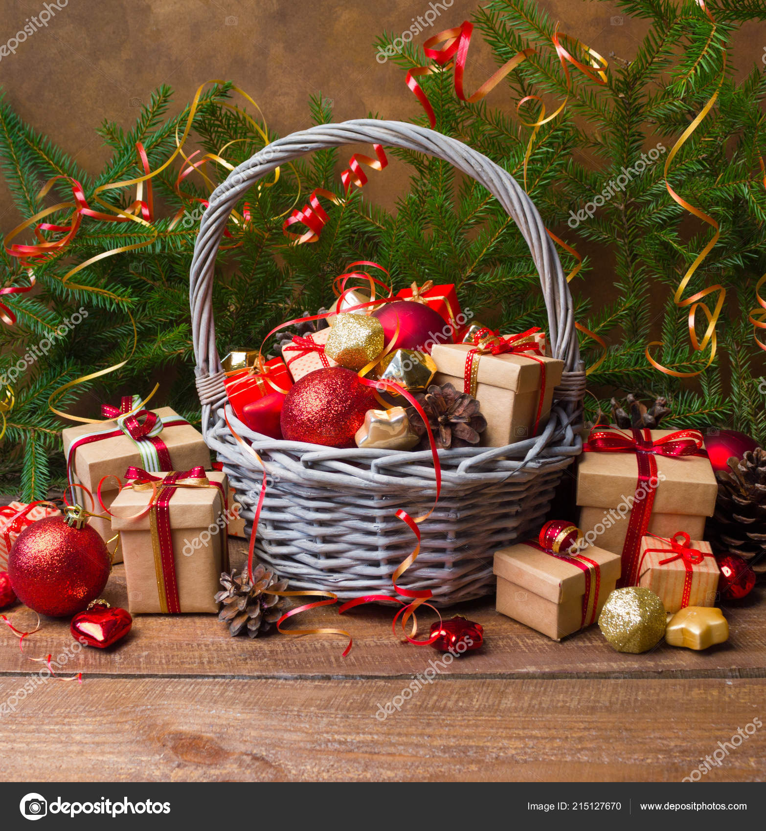 Christmas New Year Background Basket Colored Glass Toys