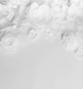 Beyaz bir arka plan üzerinde beyaz çiçekler. Kartı her şeyi kağıttan yapılmış. Kutlama için bir yer.