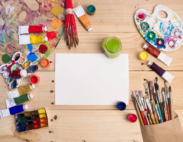 Maling Pensler Træets Baggrund Kunstnerens Arbejdsplads Banner Til Skole - Stock-foto