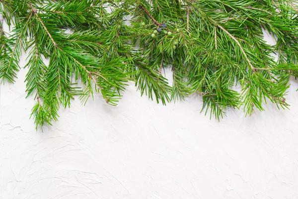 Christmas New Year Background Fur Tree Branches White Wooden Background — Stock Photo, Image