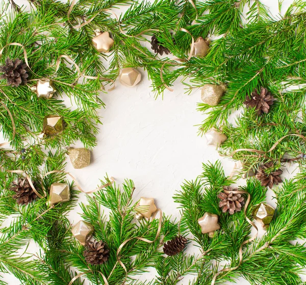 Fondo Navidad Año Nuevo Ramas Abeto Juguetes Decoraciones Copiar Espacio —  Fotos de Stock