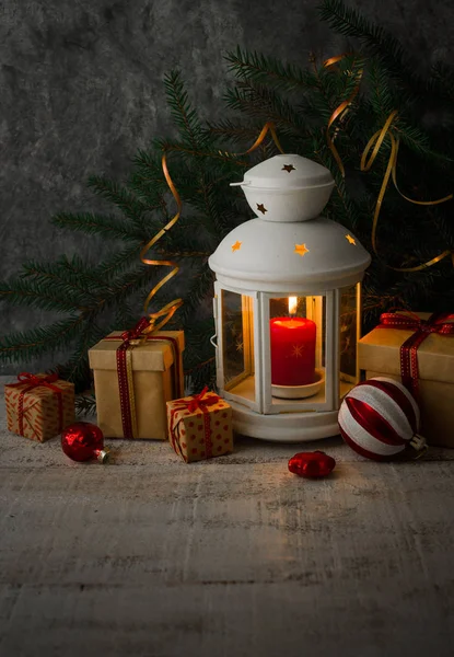 Christmas New Year Background Candle Lantern Glass Balls Decorations Gifts — Stock Photo, Image