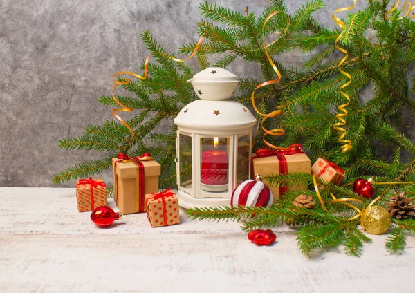 Christmas New Year Background Candle Lantern Glass Balls Decorations Gifts — Stock Photo, Image