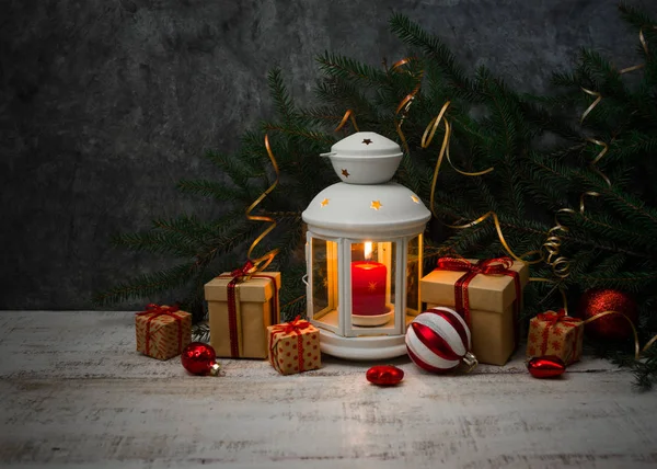 Christmas New Year Background Candle Lantern Glass Balls Decorations Gifts — Stock Photo, Image