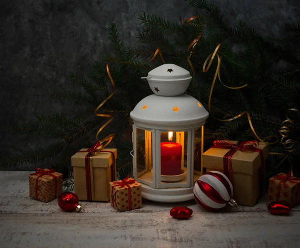 Christmas New Year Background Candle Lantern Glass Balls Decorations Gifts — Stock Photo, Image