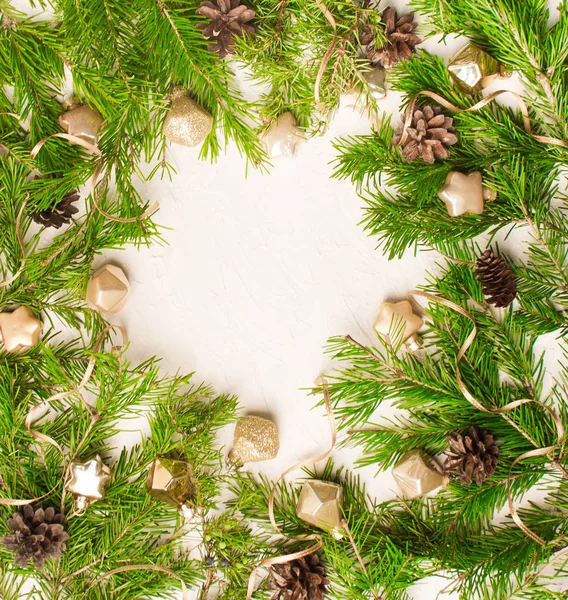 Fondo Navidad Año Nuevo Ramas Abeto Juguetes Decoraciones Copiar Espacio —  Fotos de Stock