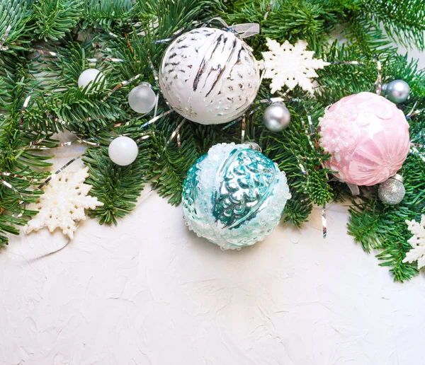 Christmas New Year Background Fir Tree Branches Glass Balls Decorations — Stock Photo, Image