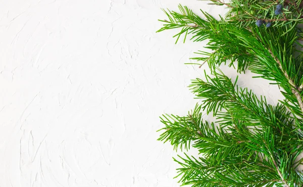 Weihnachten Oder Neujahr Hintergrund Tannenzweige Auf Weißem Holzgrund — Stockfoto