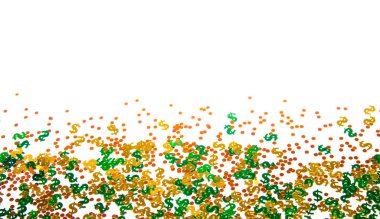 Konfeti, glitter dolar işaretleri beyaz arka plan üzerinde