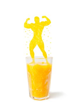 Strong man symbolizes health and strength derived from freshly squeezed orange juice. clipart