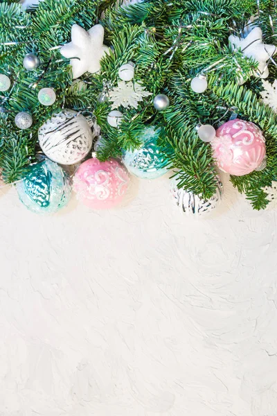 Christmas New Year Background Fir Tree Branches Glass Balls Decorations — Stock Photo, Image