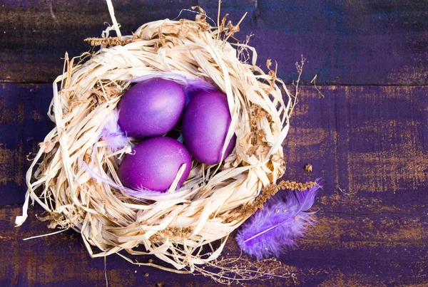 Violet Easter Eggs Wooden Background — Stock Photo, Image