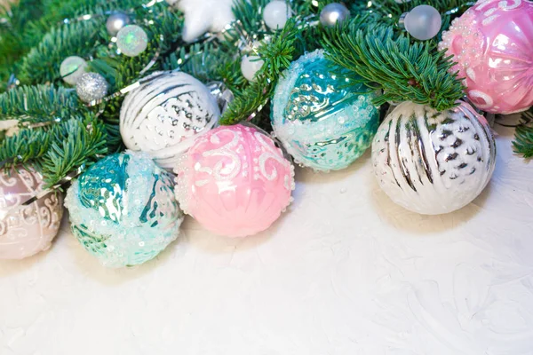Christmas New Year Background Fir Tree Branches Glass Balls Decorations — Stock Photo, Image