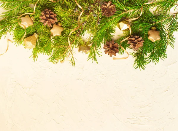 Vánoční Nebo Novoroční Pozadí Větve Stromů Jedle Hračky Dekorace Kopírovat — Stock fotografie