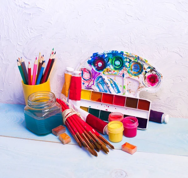 Paints Brushes Pencils Wood Background Workplace Artist Banner School — Stock Photo, Image