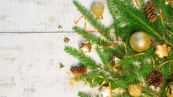 Fundo Natal Ano Novo Ramos Abeto Brinquedos Vidro Dourado Decorações — Fotografia de Stock