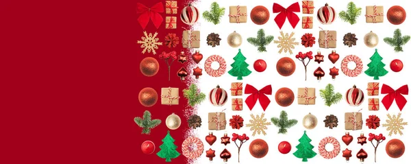 Karácsony Vagy Újév Háttér Piros Arany Üveggolyó Fenyő Ágai Díszek — Stock Fotó