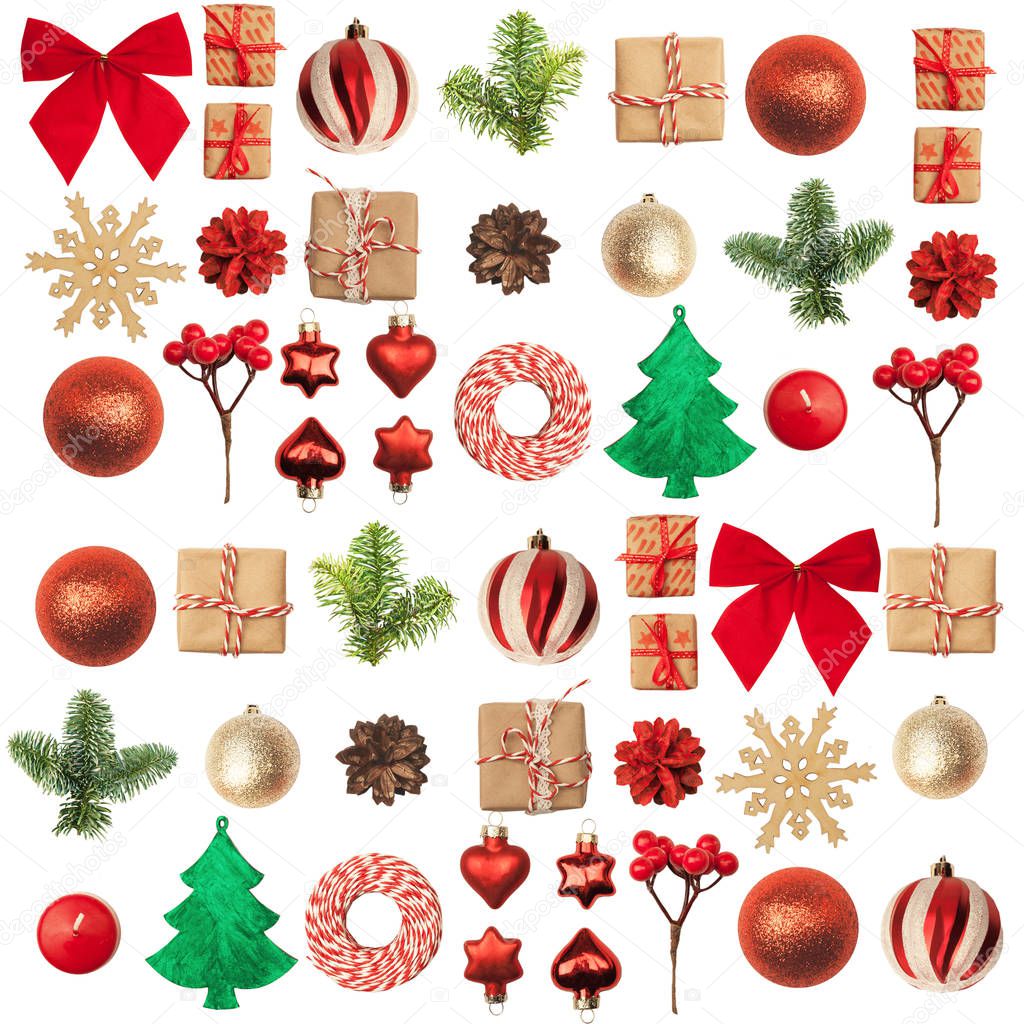 Christmas or New Year background: red and gold glass balls, fir tree branches, decorations and gifts on white  background. A place for your congratulations.