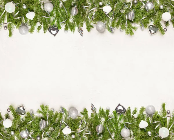 Christmas New Year Background Fir Tree Branches Glass Toys Copy — Stock Photo, Image