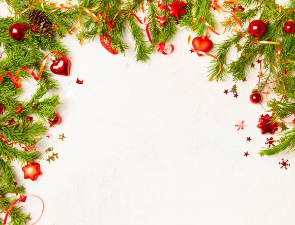 Fundo Natal Ano Novo Ramos Abeto Brinquedos Vidro Vermelho Decorações — Fotografia de Stock