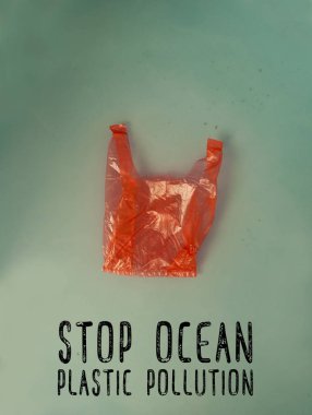 Ekoloji kavramı için yazı ile su yüzeyindeki kırmızı plastik torba
